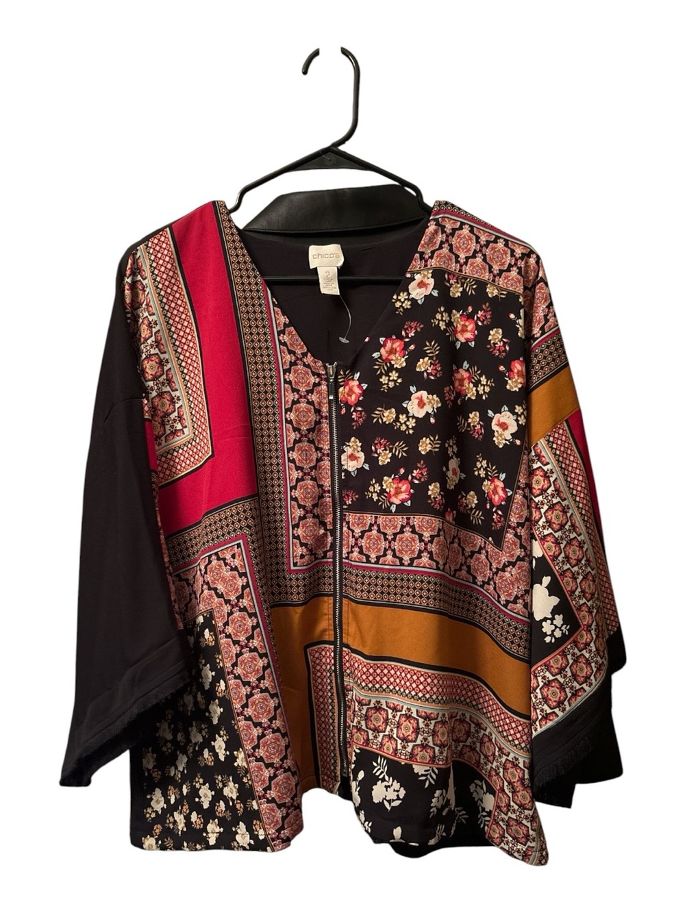 Chico's Black Floral Patchwork Zip Jacket with Burgundy and Mustard Panels